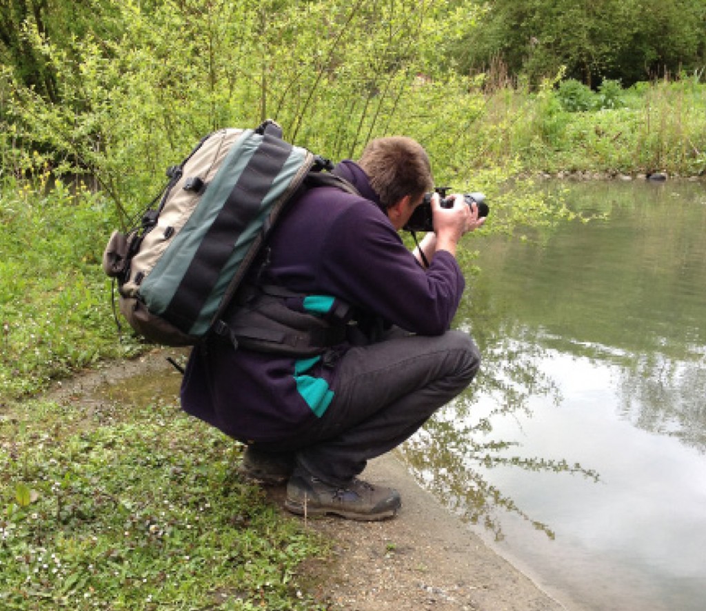 WWT Grounds Manager Paul Stevens studies wildlife in the Wet Meadow in the Woodland Loop at WWT Arundel.