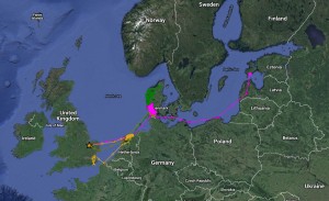 Migration map of 4 GPS swans in UK, Google