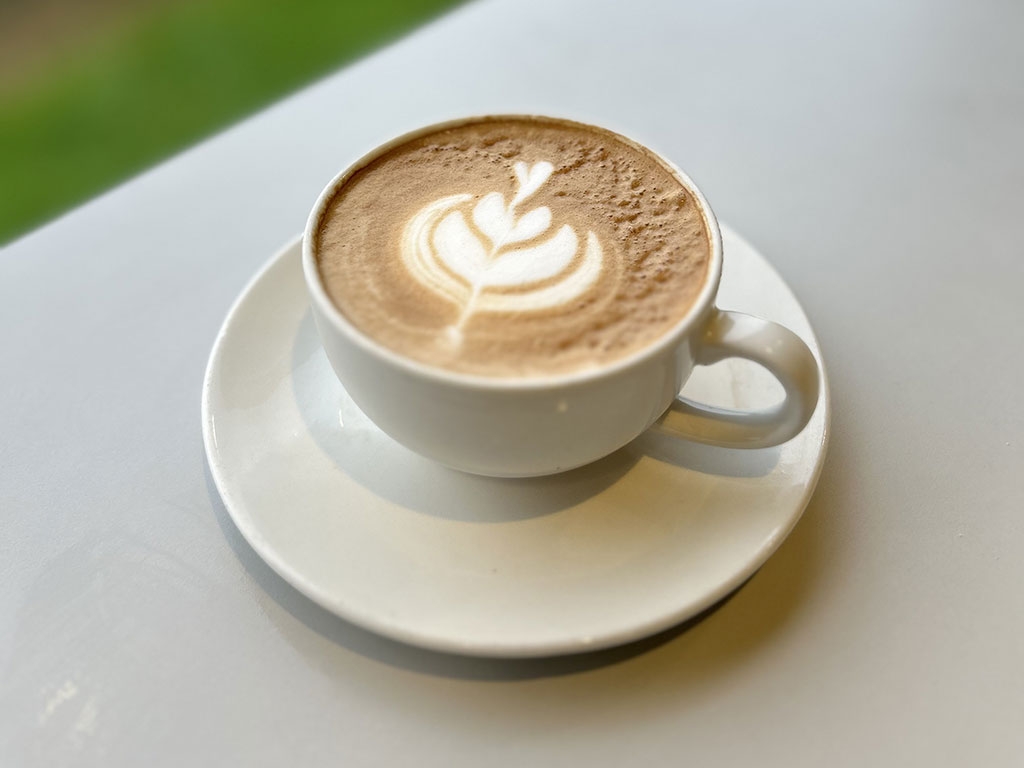 A coffee served at WWT Welney, with intricate milk pattern