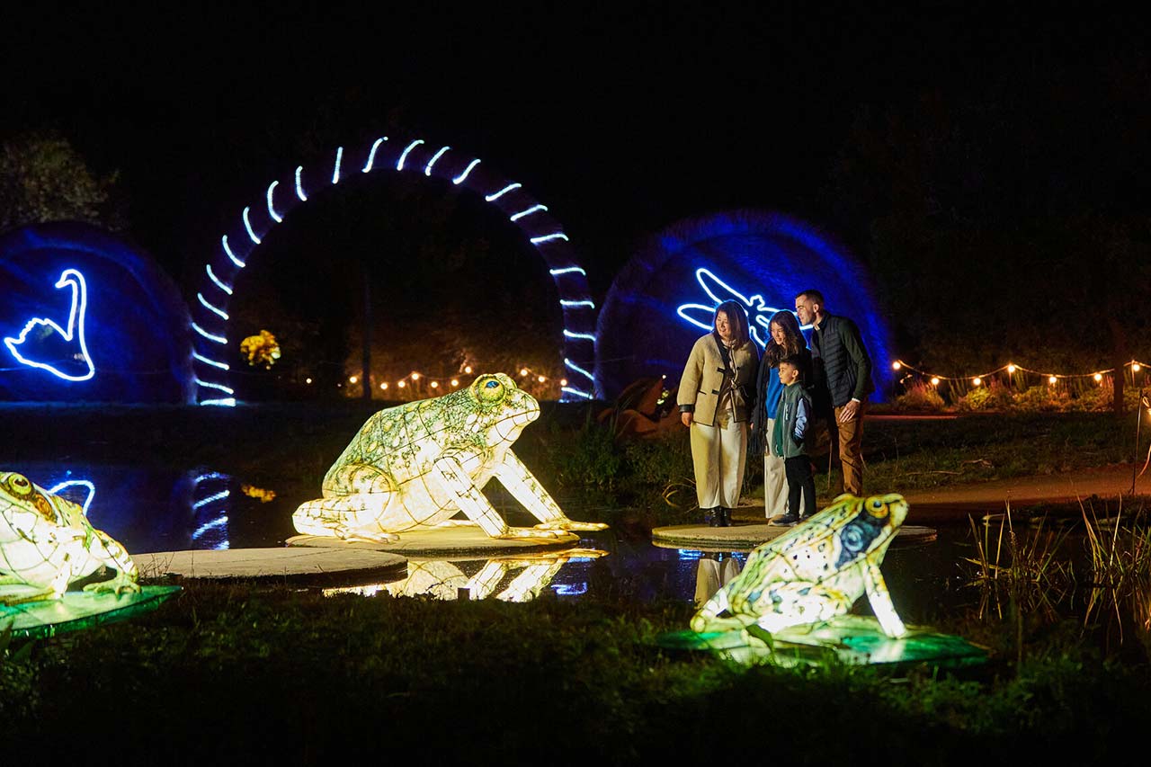 A family stand on a stepping stone in the Estuary Shoreline garden, admiring frog lanterns on a lake.